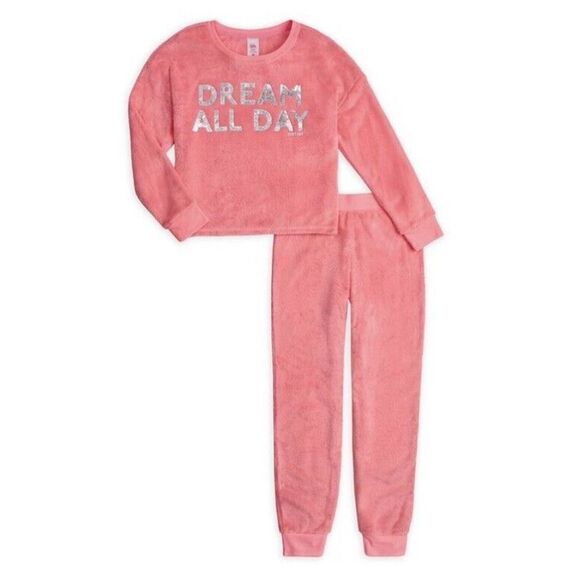 JUSTICE Girls Pajama Set 2-Pc Size S 7/8 Velvet Fleece PJs PINK Loungewear NWT - Picture 1 of 12